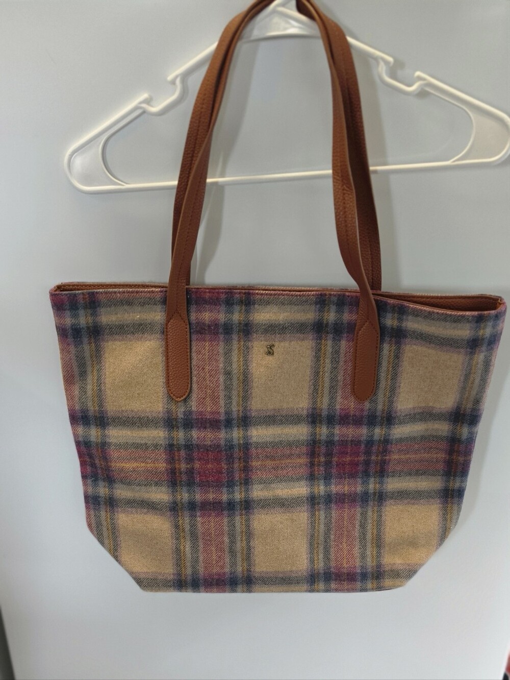 Joules Plaid Check Tote Bag Brown Handles Floral Lining British Country Style